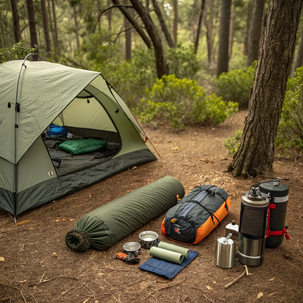 Various camping gear laid out in nature