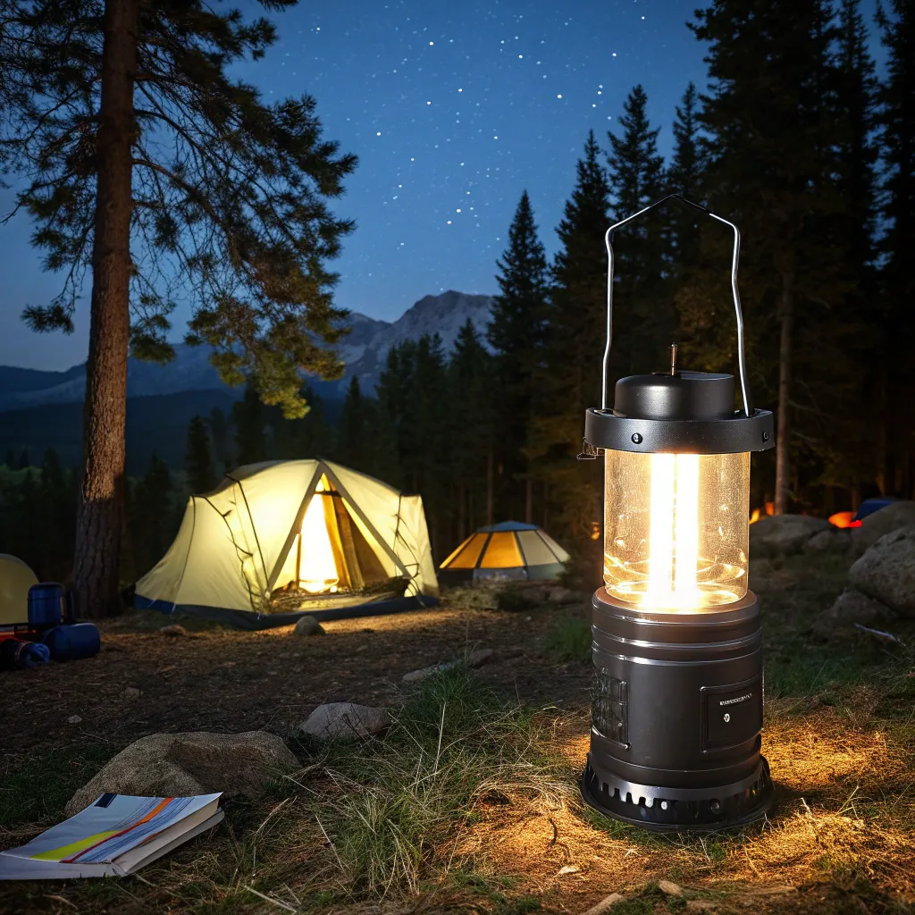 A bright LED lantern illuminating a campsite
