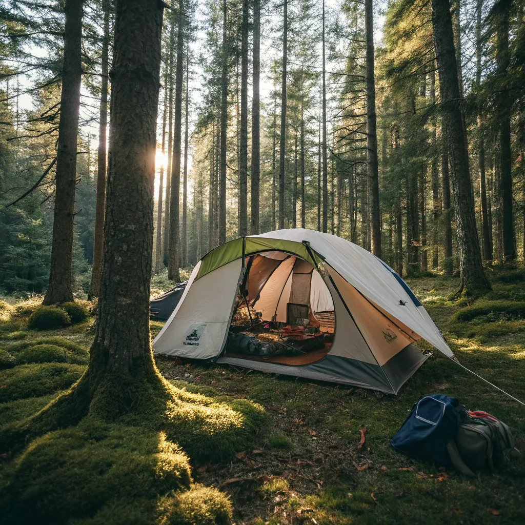 A spacious camping tent set up in a forest